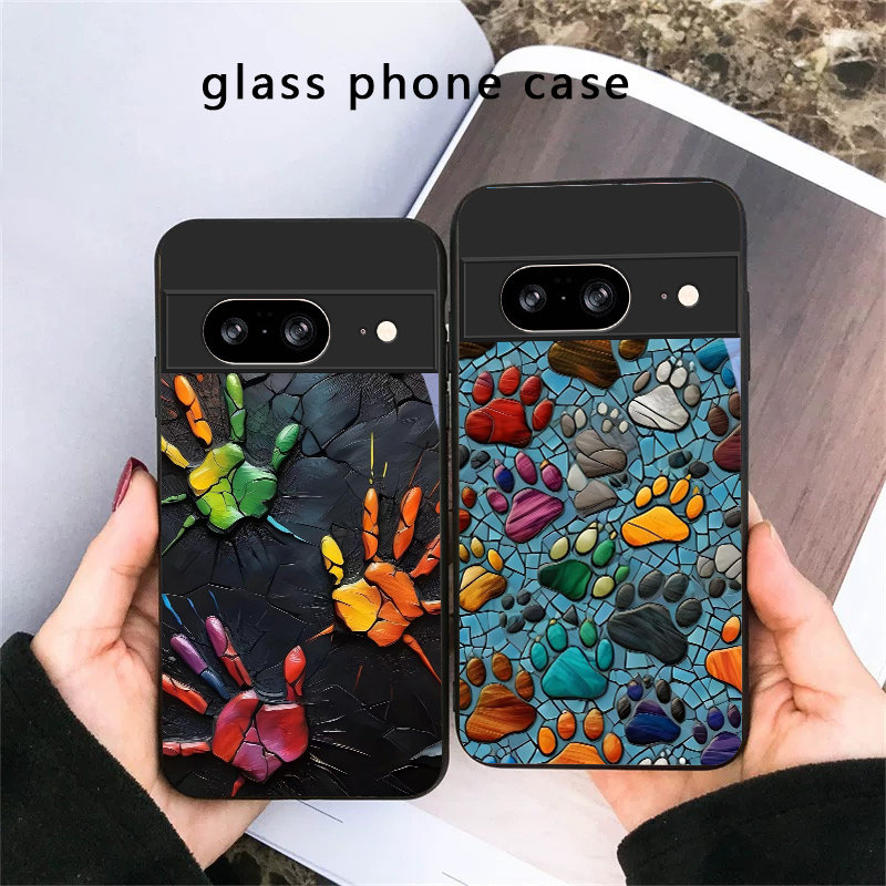 Google Pixel 8A - เคสโทรศัพท์แก้วสีดำลายรอยเท้าสัตว์สำหรับ Google Pixel 8 7 9